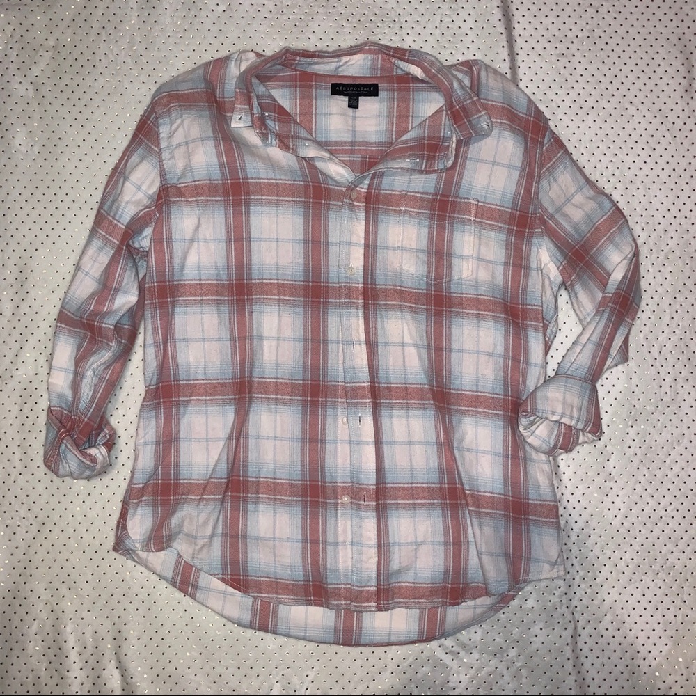 Aeropostale Blue&Orange Plaid Long Sleeve Flannel